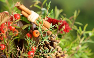 Composizione natalizia naturale con pigne, bacche rosse, foglie sempreverdi e cannella.